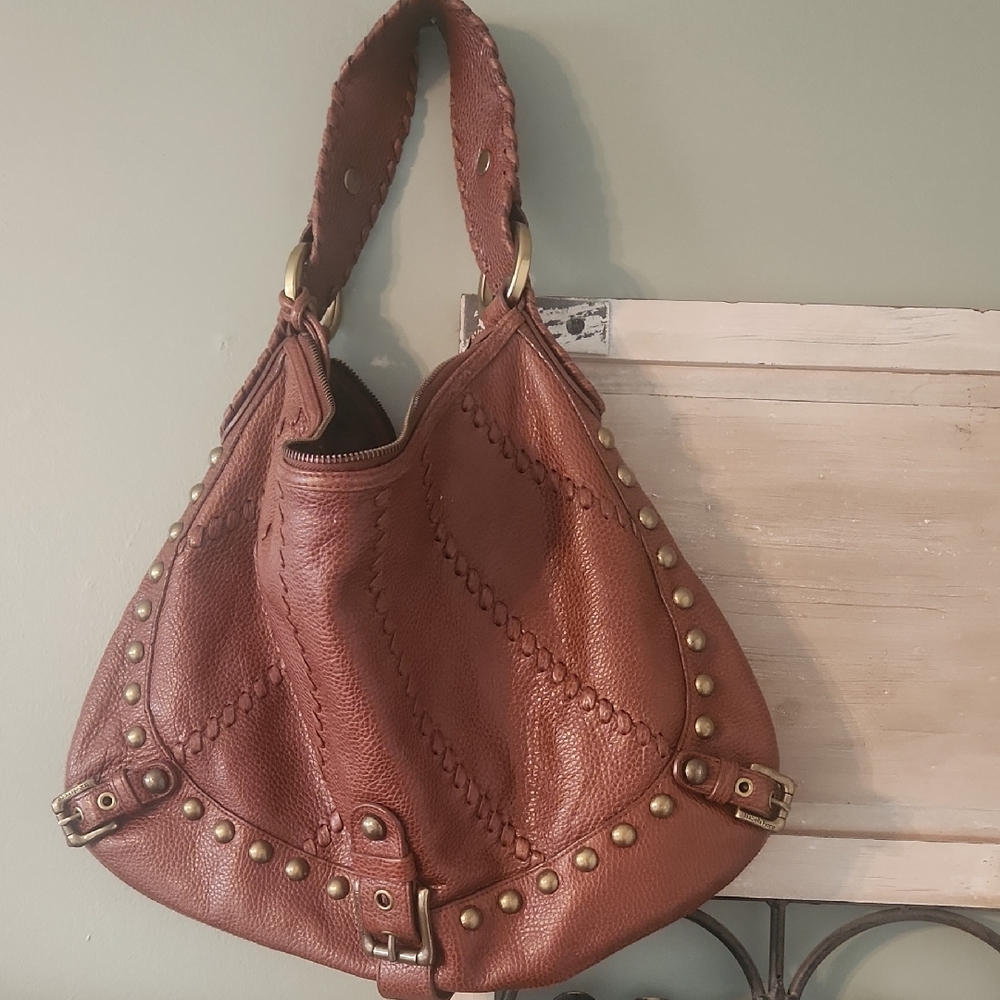 Isabella Fiore Tan Leather Hobo Bag with Gold Studs - Picture 2 of 8